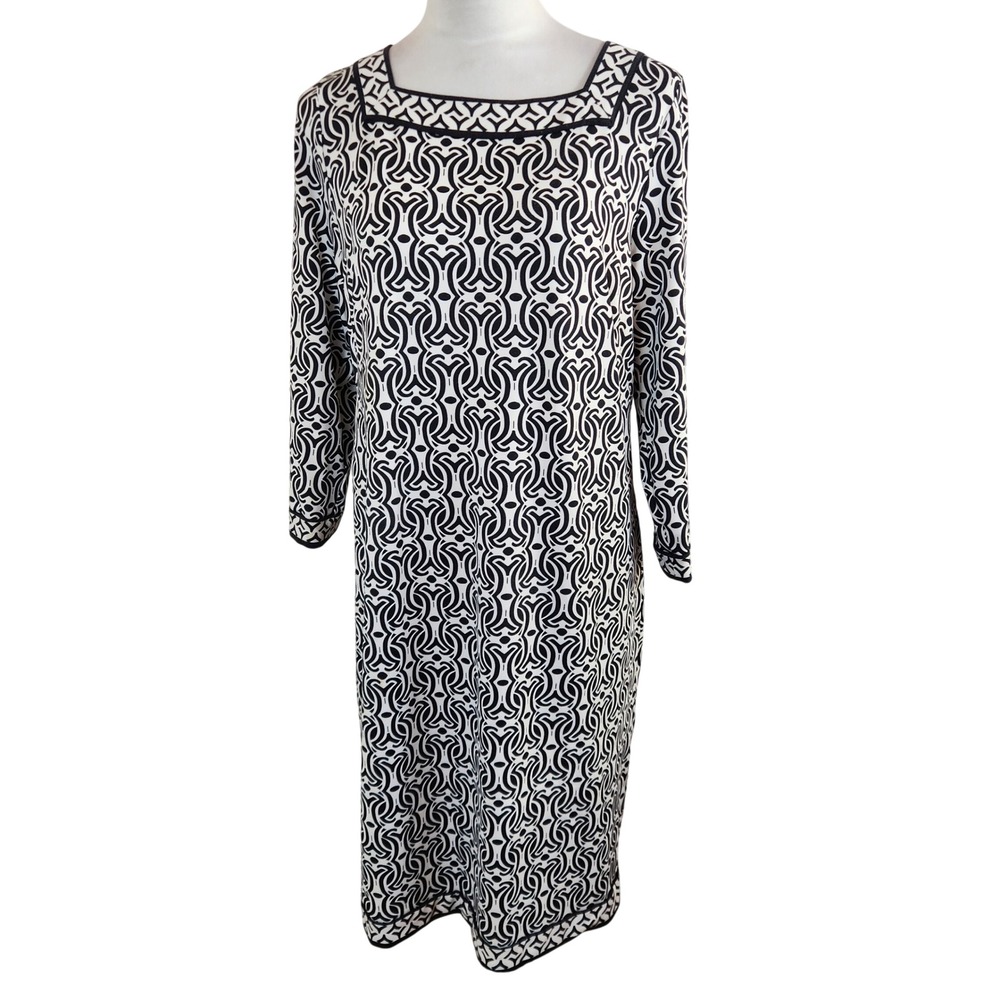 Talbots M Geometric Print Shift Dress Black White Square Neck 3/4‎ Sleeve Career